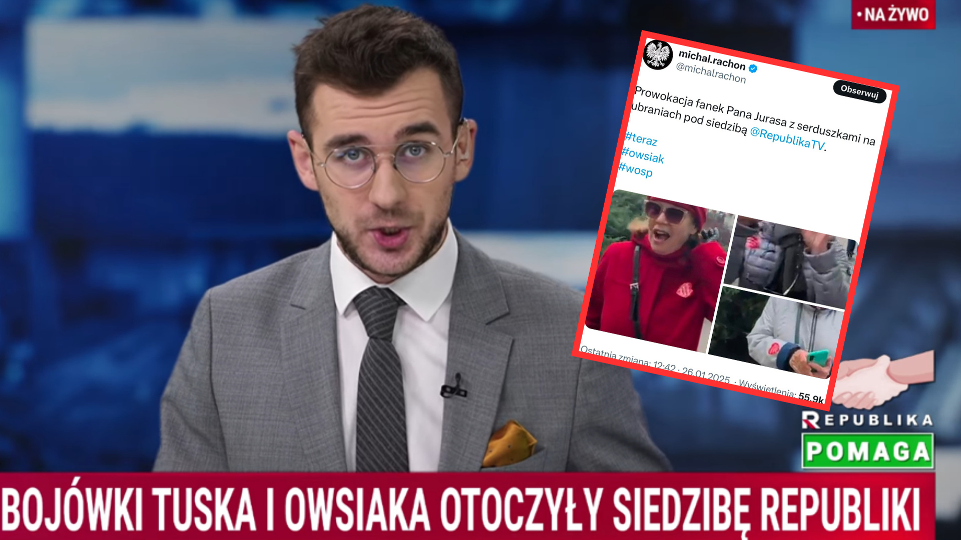 Okrzyki pod siedzibą TV Republika, wezwali policję do emerytów. "Bojówki Tuska i Owsiaka"