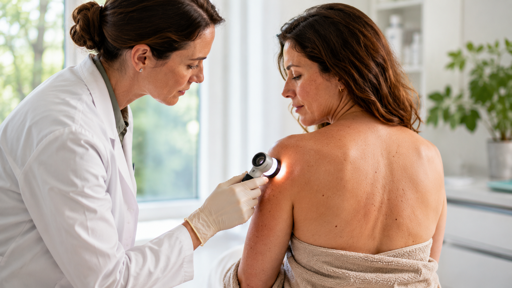 Dermatolog badający znamię na skórze pacjentki dermatoskopem – kontrola znamion i profilaktyka czerniaka